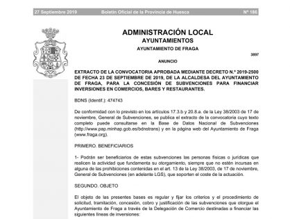 CONVOCATORIA SUBVENCIONES PARA INVERSIONES EN COMERCIOS, BARES Y RESTAURANTES 2019.