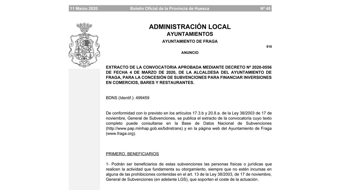 CONVOCATORIA PARA LA CONCESIÓN DE SUBVENCIONES PARA LAS INVERSIONES EN COMERCIOS, BARES Y RESTAURANTES 2020