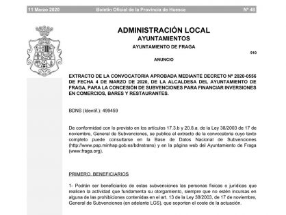 CONVOCATORIA PARA LA CONCESIÓN DE SUBVENCIONES PARA LAS INVERSIONES EN COMERCIOS, BARES Y RESTAURANTES 2020