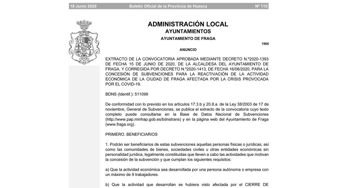 Convocatoria ayudas Ayuntamiento de Fraga