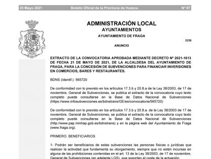 CONVOCATORIA PARA LA CONCESIÓN DE SUBVENCIONES PARA LAS INVERSIONES EN COMERCIOS, BARES Y RESTAURANTES 2021