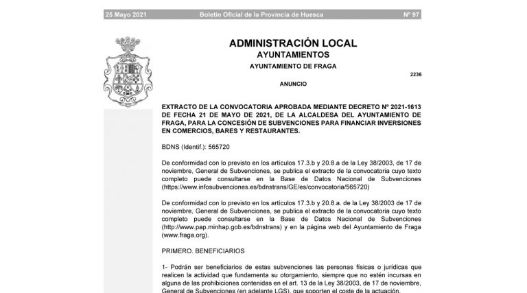 CONVOCATORIA PARA LA CONCESIÓN DE SUBVENCIONES PARA LAS INVERSIONES EN COMERCIOS, BARES Y RESTAURANTES 2021